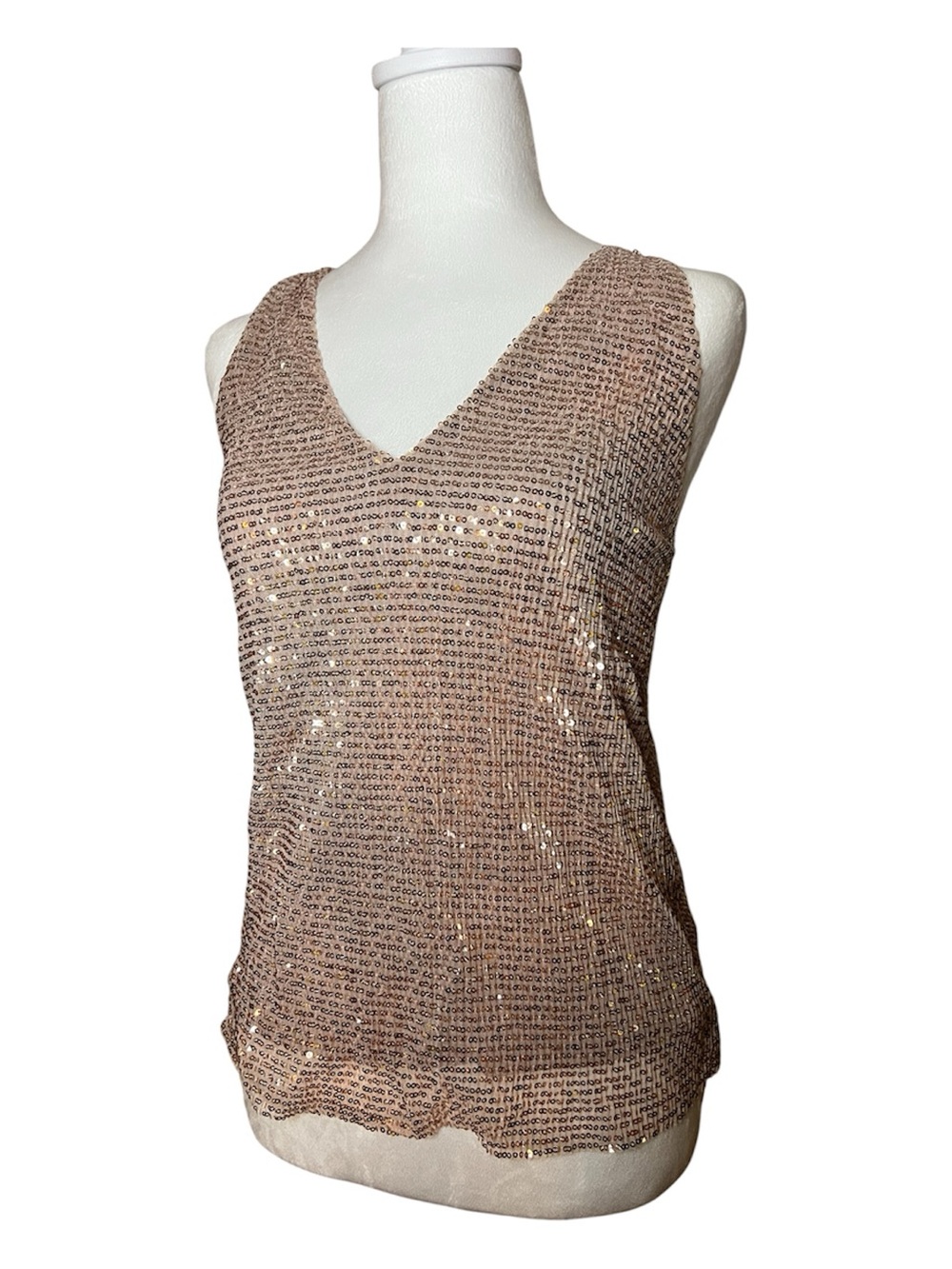 Express Sequin V-Neck Tank - Champagne Beige